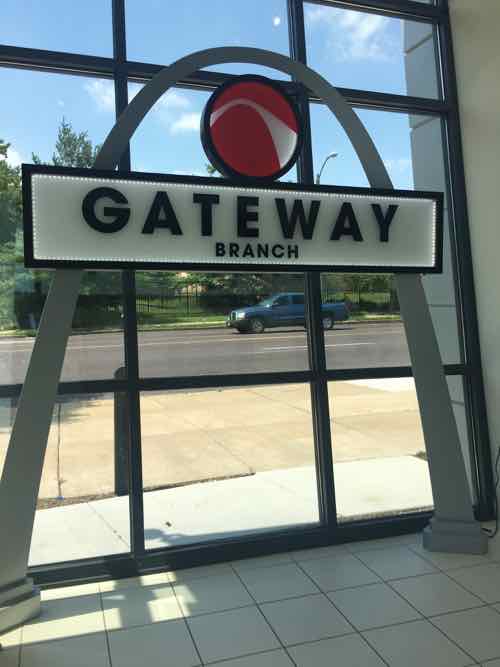 An updated version of the classic Gateway Bank sign is in the lobby. Much more historical documentation (photos, brochures) are on display
