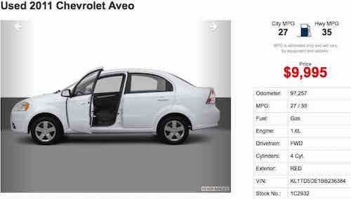 The listing has lots off photos -- all stock images of a white Aveo. This one is red.