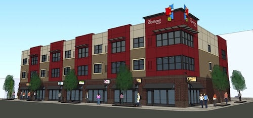 Rendering of the new construction to face Delmar Blvd 