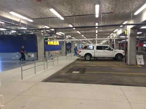 Losding areas are outside and in the covered garage. Unlike other IKEA stores, you can wheel carts to your car.  