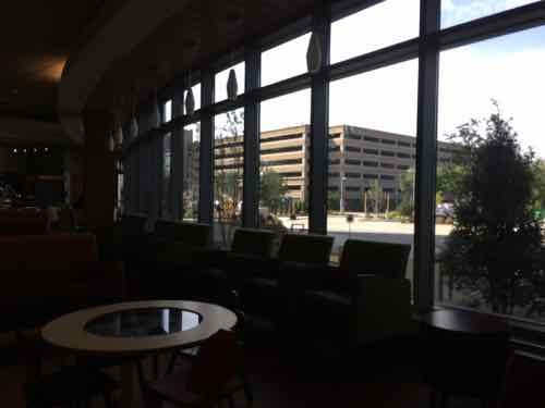 Looking out toward Clayton Ave from the lobby cafe