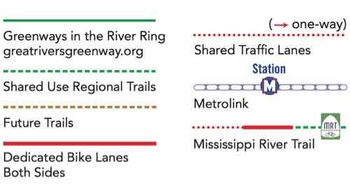 The map's legend shows a solid red line as dedicated bike lanes in both directions, dotted red as shared lanes.. 