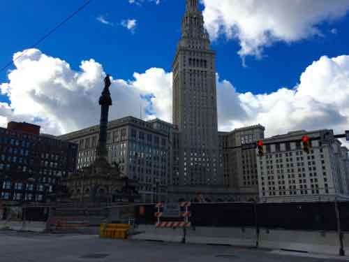 Public Square is being rebuilt in time for the 2016 GOP convention, Tower Terminal is in the background. 