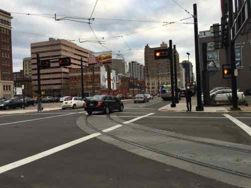 On Walnut the streetcar turns into the right travel lane 