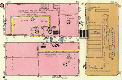 From the Feb 1909 Sanborn map we see the 1904 original on the right, the remaining brick structures on the block (pink) would all be razed within a decade. Click image to view source map. 