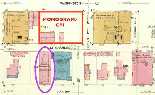 Every building shown in this four block map is gone -- except for the streetcar powerhouse circled in purple. The Monogram was built the next year on the site outlined in red. Click image to see larger version. 