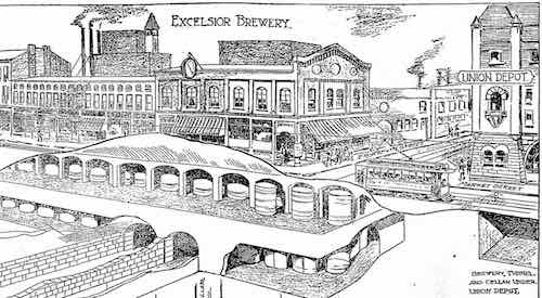 This July 6, 1902 drawing on caves in the area shows the storefronts on the left and Union Station on the right 